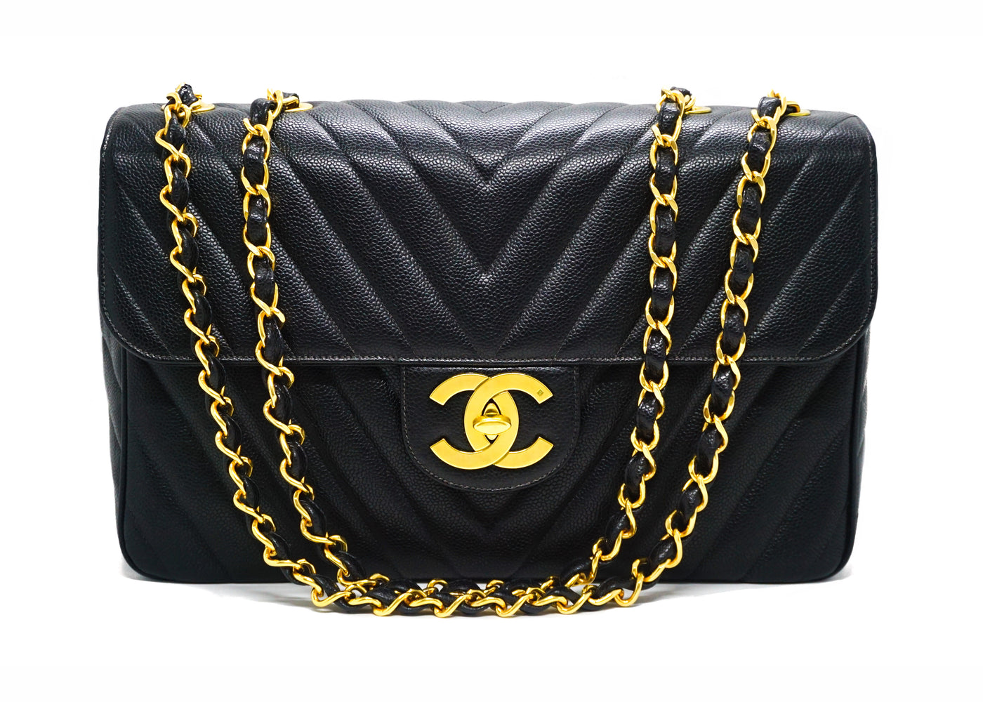 Chanel Vintage Classic Double Flap Bag Chevron Patent Medium Black