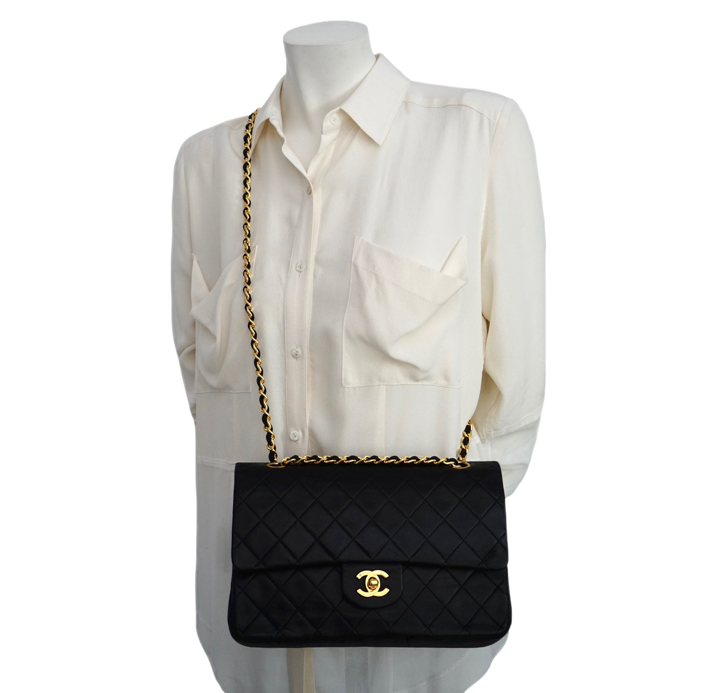 Authentic Chanel Vintage Black Lambskin 2.55 10” Medium Flap Handbag