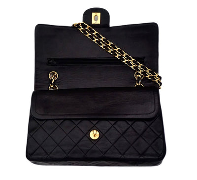 Authentic Chanel Vintage Black Lambskin 2.55 10” Medium Flap Handbag