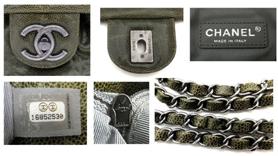 Authentic Chanel Green Coated Caviar Modern Maxi Jumbo Flapover