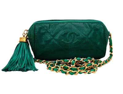 Authentic Chanel Vintage Green Rare Lizard Quilted Tube Handbag