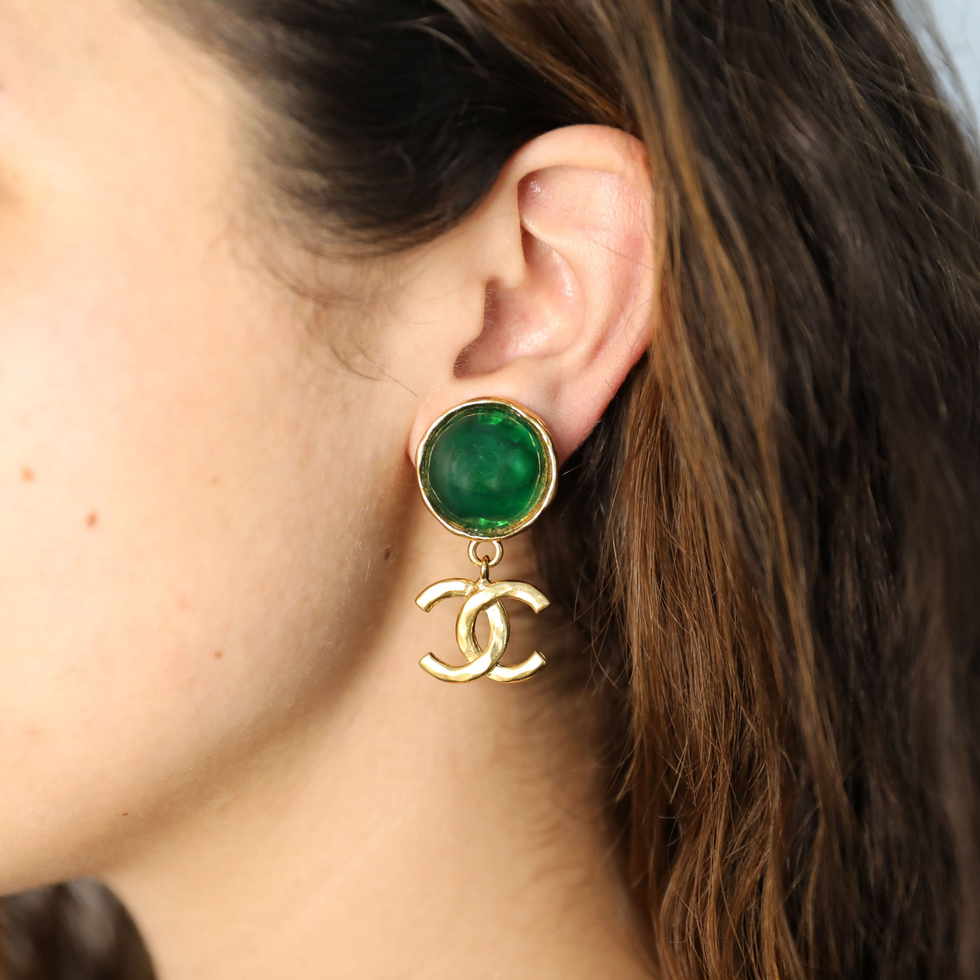 Chanel Vintage Rare Green Gripoix & Logo Earrings
