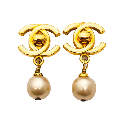 Chanel Vintage Rare Gold Turnlock Pearl Drop Earrings