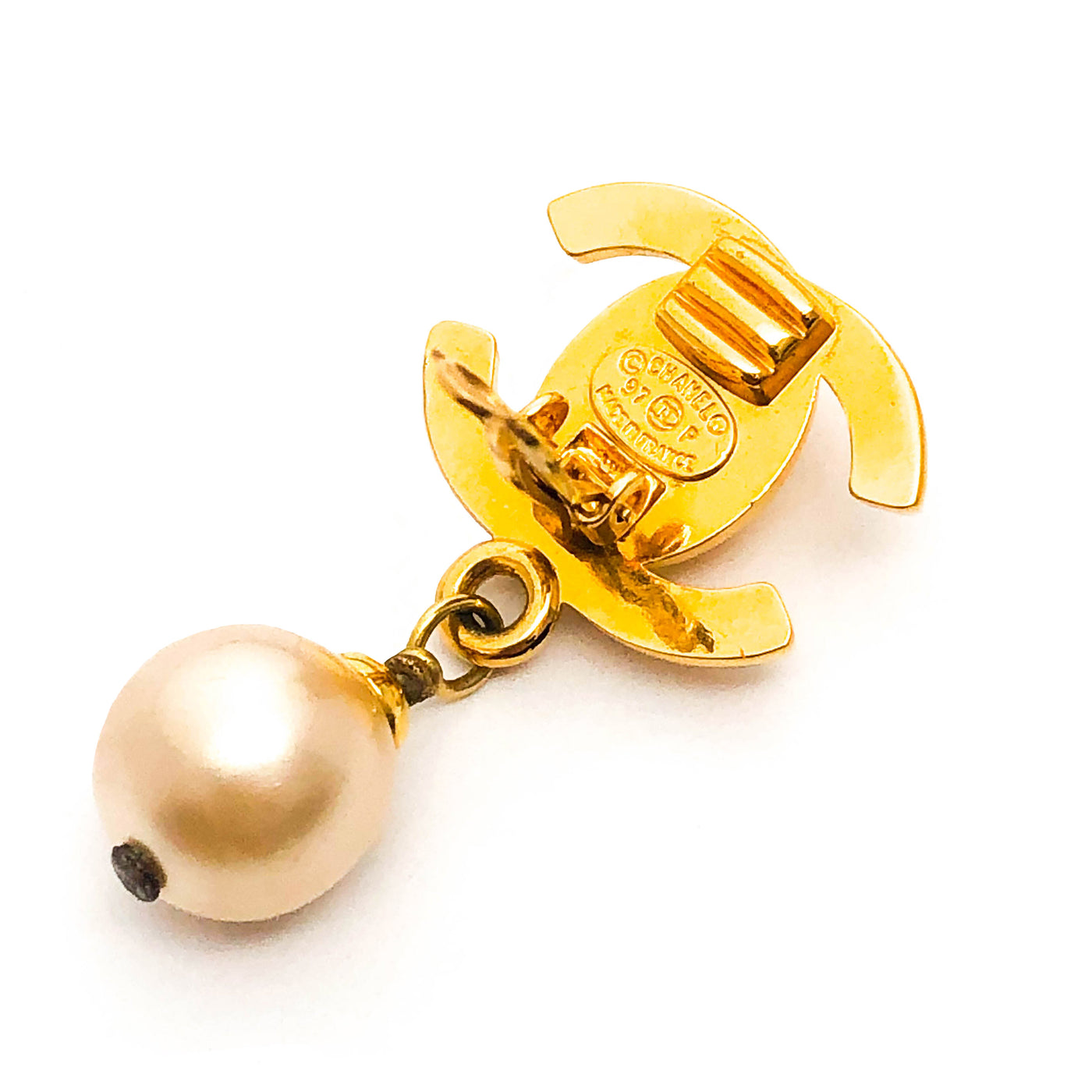 Chanel Vintage Rare Gold Turnlock Pearl Drop Earrings