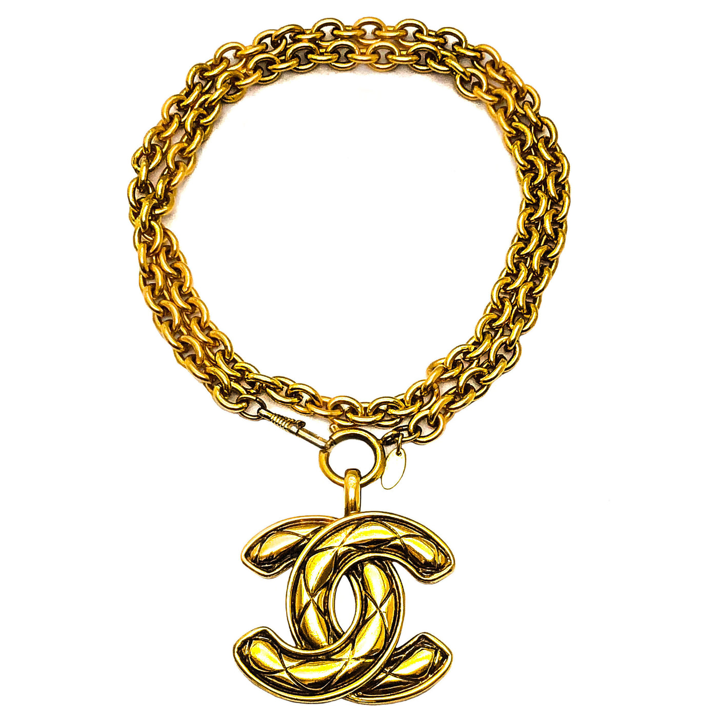 Chanel Vintage Rare Gold Classic Quilted XL Logo Necklace