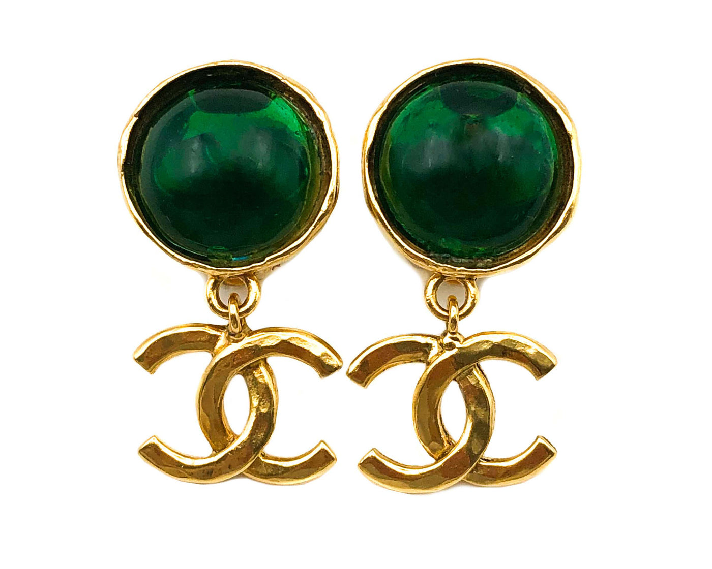 Chanel Vintage Rare Green Gripoix & Logo Earrings