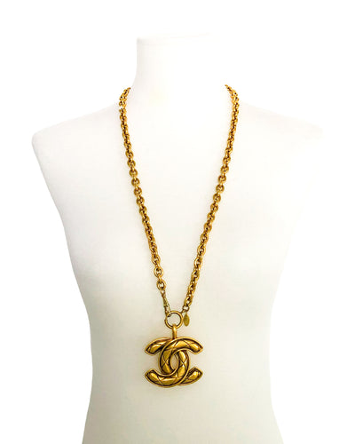 Chanel Vintage Rare Gold Classic Quilted XL Logo Necklace