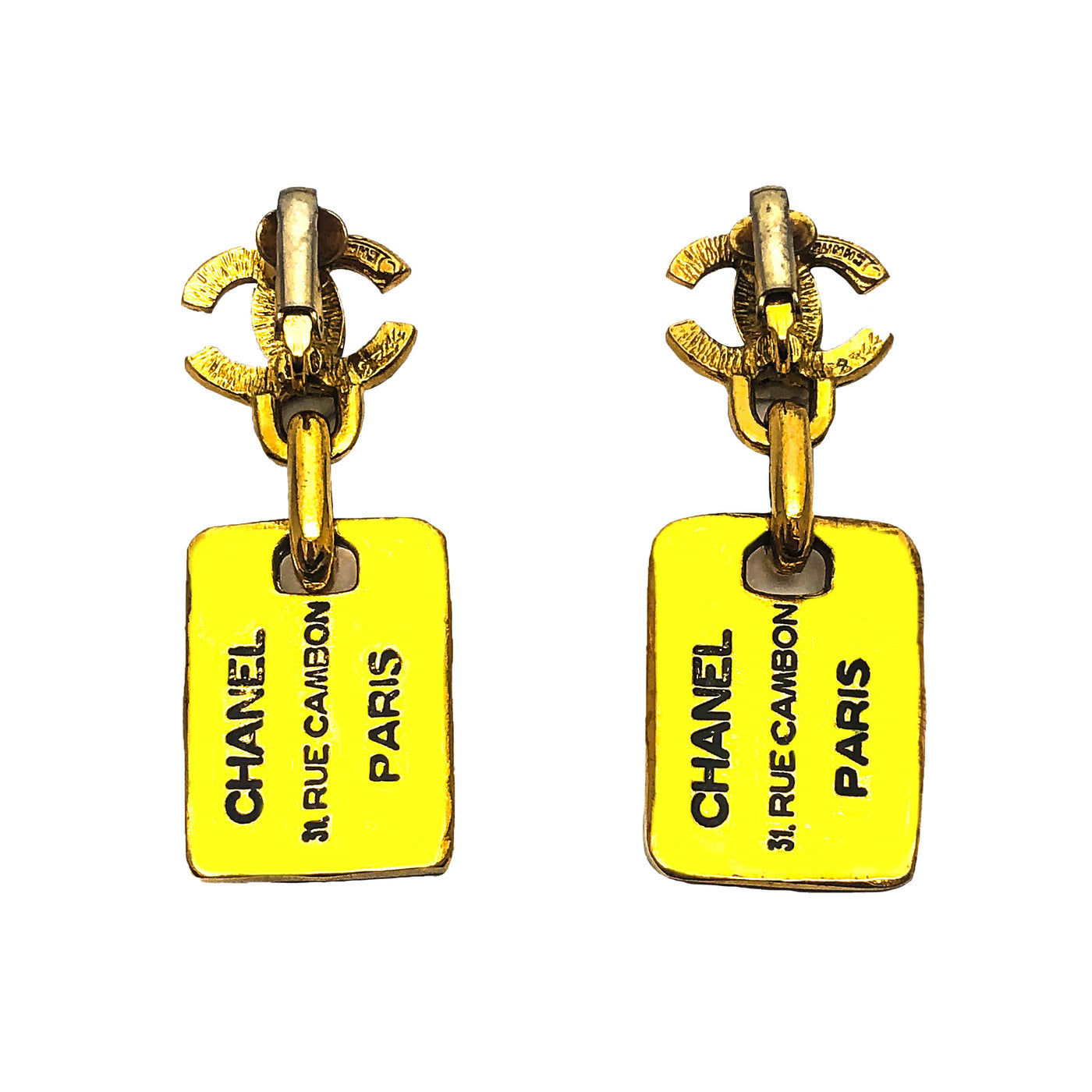Chanel Vintage Rare Gold Logo & Dog Tag Earrings