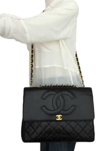 Authentic Chanel Vintage Black Lambskin Rare Maxi Jumbo