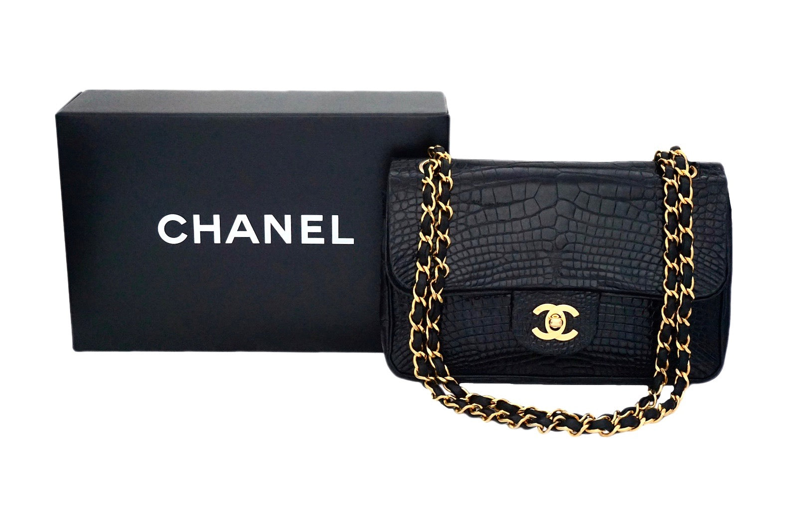 Authentic Chanel Vintage Black Alligator/ Crocodile 2.55 9” Flap Handb –  Classic Coco Authentic Vintage Luxury