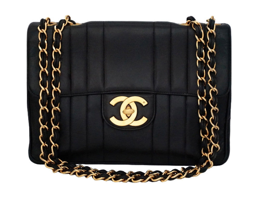 Authentic Chanel Vintage Black Lambskin Vertical Quilted Jumbo