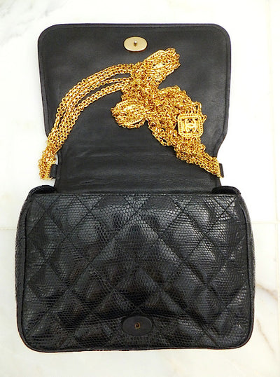 Authentic Chanel Vintage One of a Kind Black Quilted Lizard Thick Chain Handbag