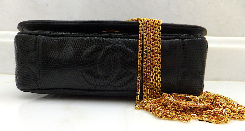 Authentic Chanel Vintage One of a Kind Black Quilted Lizard Thick Chain Handbag