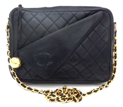 Authentic Chanel Vintage French Navy Quilted Camera Style Handbag