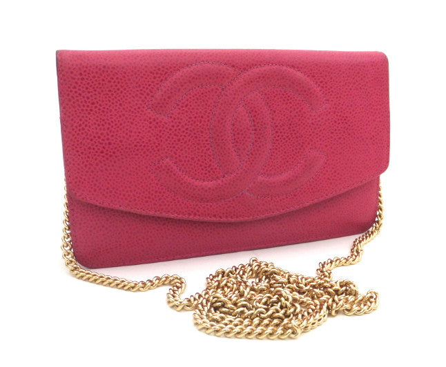 Authentic Chanel Fuschia Pink Caviar Wallet On Chain (WOC)