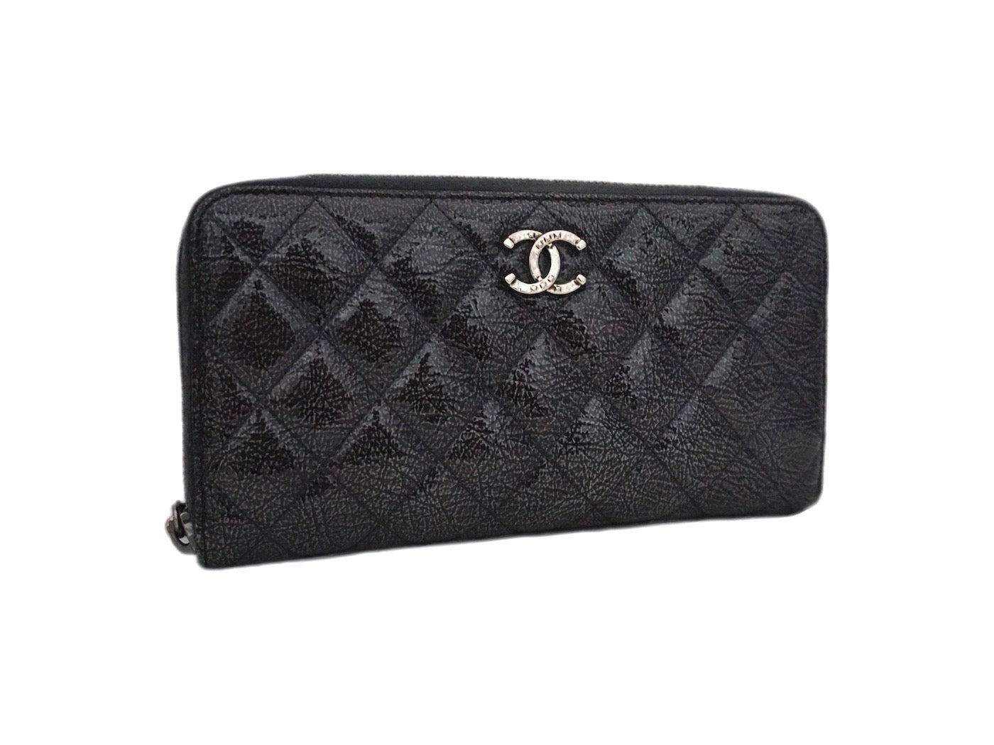 Authentic Chanel Grey Quilted Crinkled Patent Leather Wallet