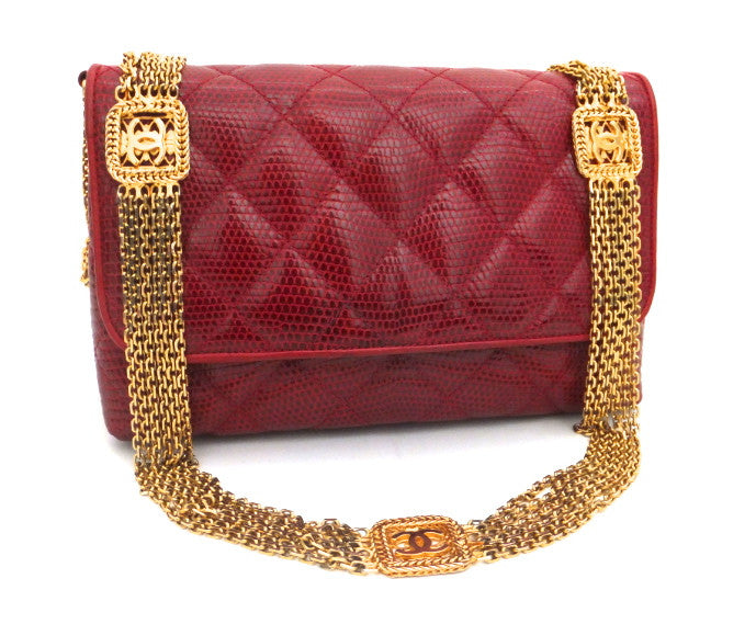 Authentic Chanel Vintage Red Rare Lizard Thick Jewelry Chain Flapover