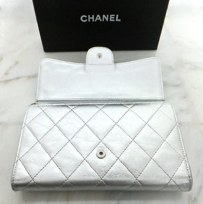 Authentic Chanel Silver Crackle Metallic Wallet on Chain (WOC)