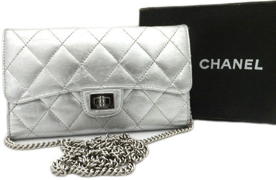 Authentic Chanel Silver Crackle Metallic Wallet on Chain (WOC)