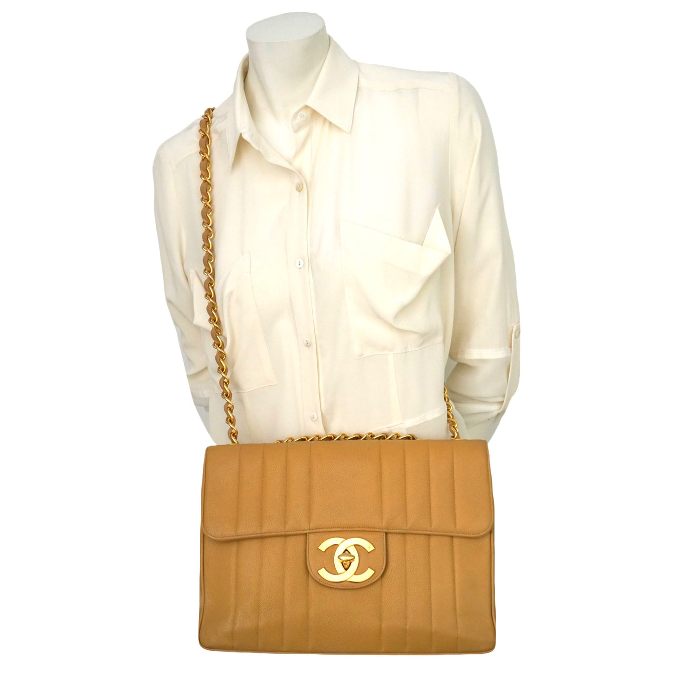 Authentic Chanel Vintage Tan Caviar Vertical Quilted Jumbo