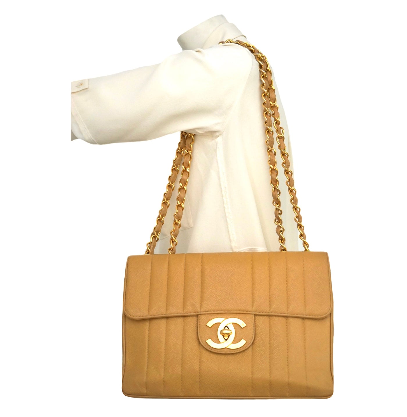 Authentic Chanel Vintage Tan Caviar Vertical Quilted Jumbo