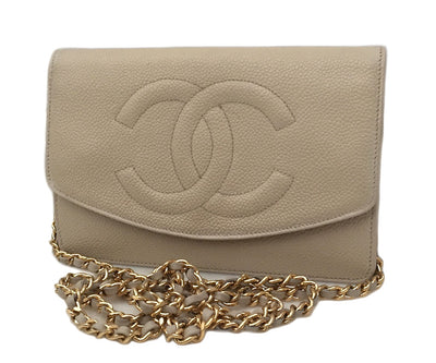 Authentic Chanel Vintage Beige Caviar Wallet On Chain (WOC)