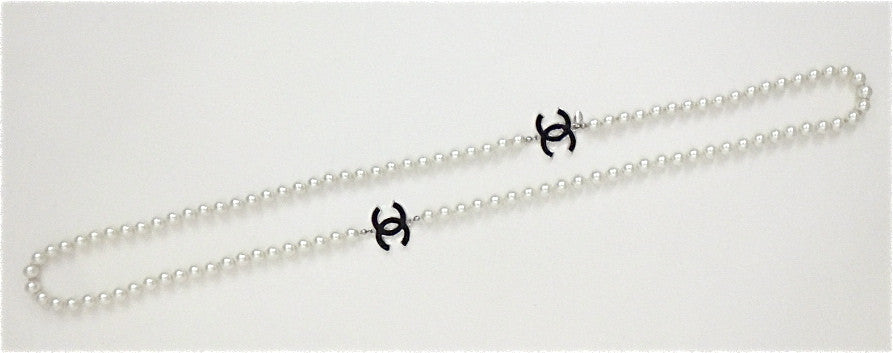 Authentic Chanel Pearl & Black Enamel Charm Necklace