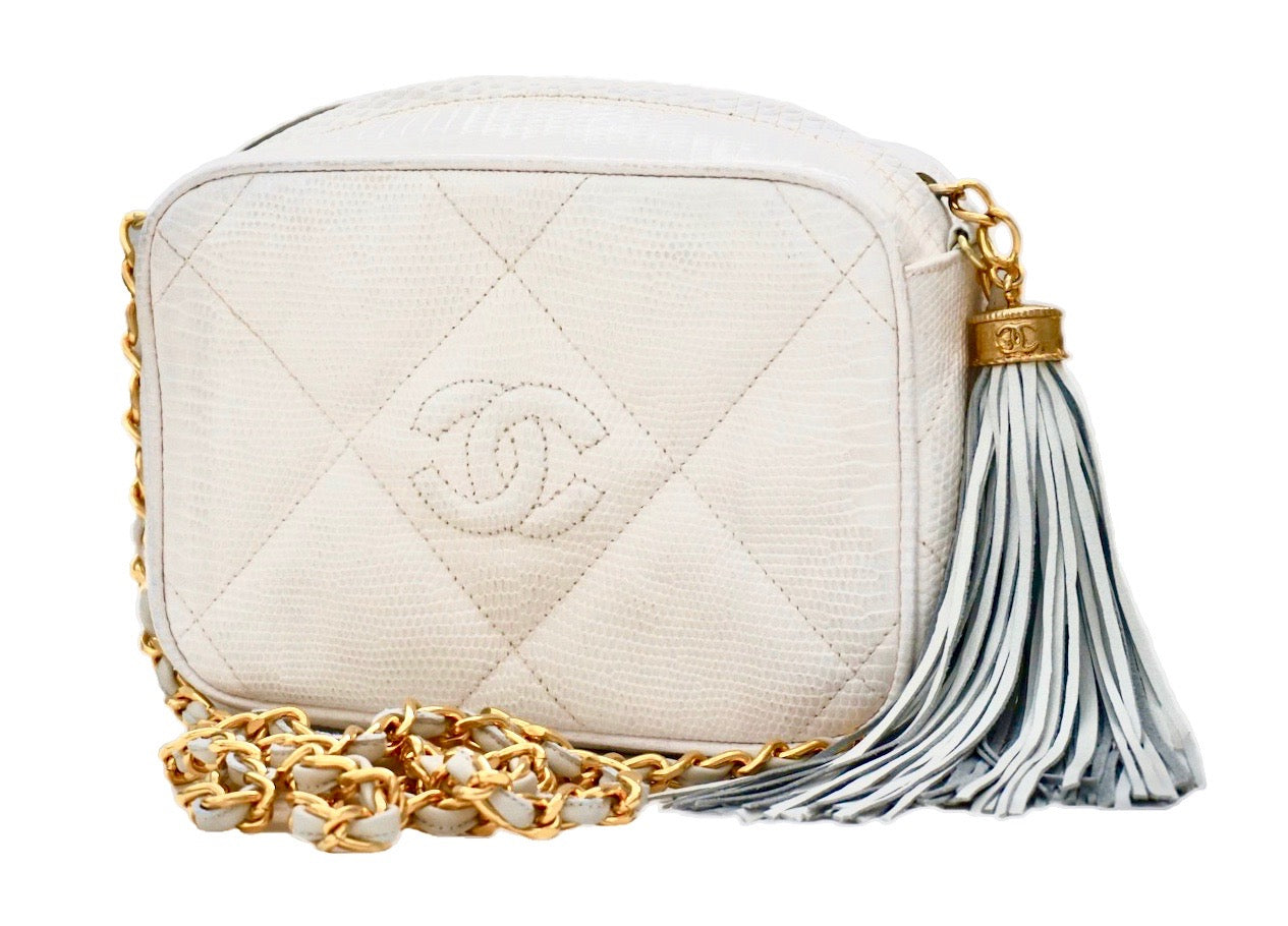 Authentic Chanel Vintage White Lizard Quilted Camera Style Handbag