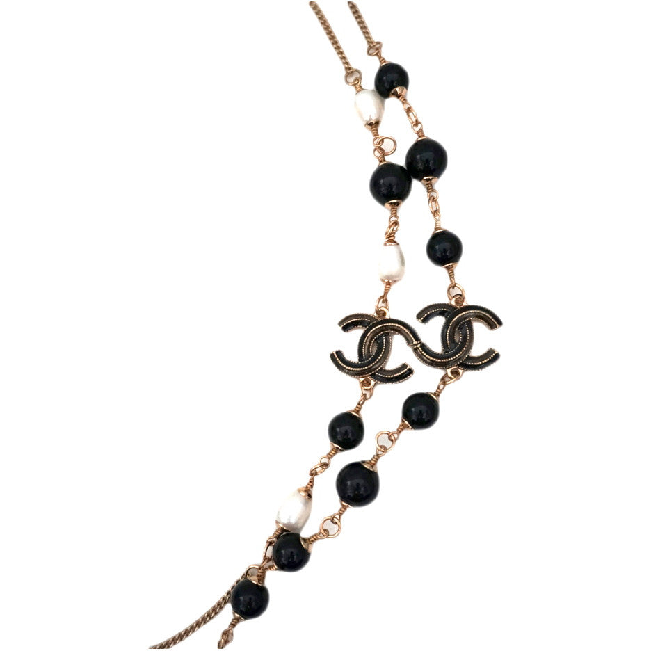 Authentic Chanel Pearl & Black Enamel Charm Necklace