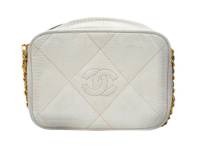 Authentic Chanel Vintage White Lizard Quilted Camera Style Handbag