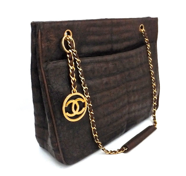 Chanel Vintage Tote Bag Brown Alligator Skin - Gold Hardware
