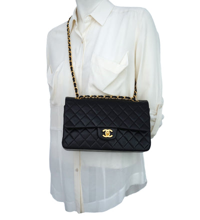 Chanel Vintage Black Lambskin Medium Classic 2.55 10” Flap Bag