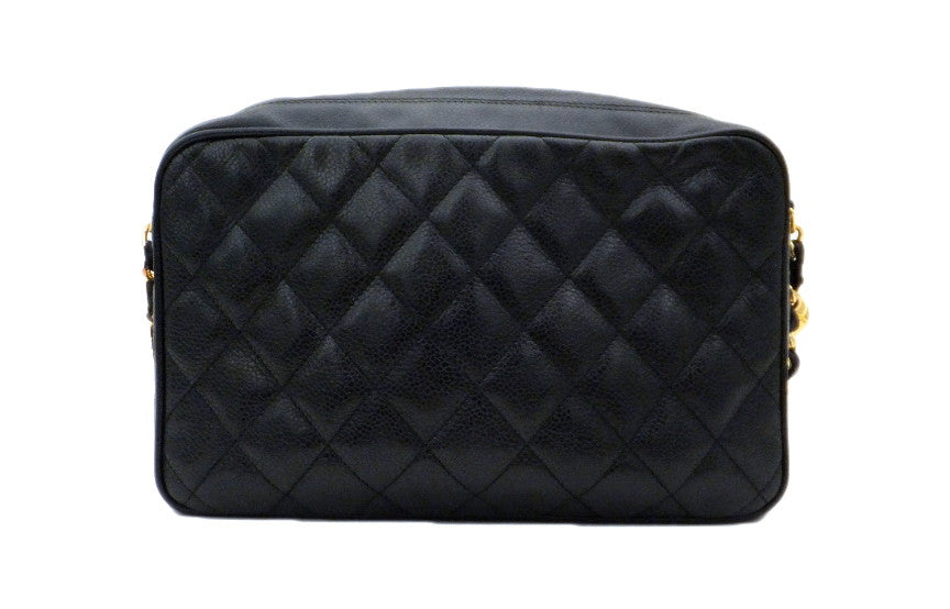 Authentic Chanel Vintage Black Caviar Quilted Camera Style Handbag