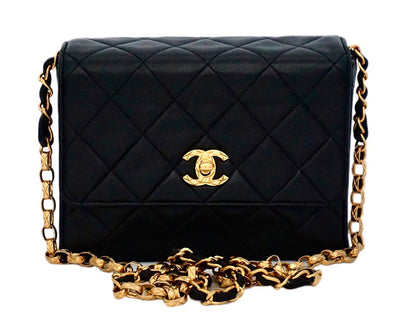 Authentic Chanel Vintage Black Lambskin Rare Etched Chain Mini Flapover