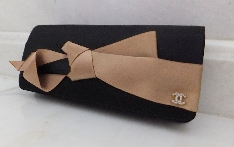 Authentic Chanel Satin Tan & Black Bow Clutch