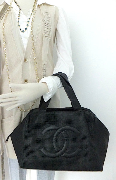 Authentic Chanel Caviar Modern Black Bowler Perforated Handbag