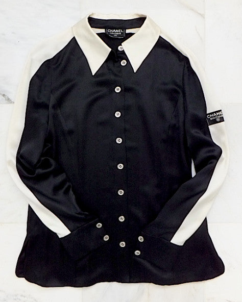 Authentic Chanel Black & White Silk Blouse