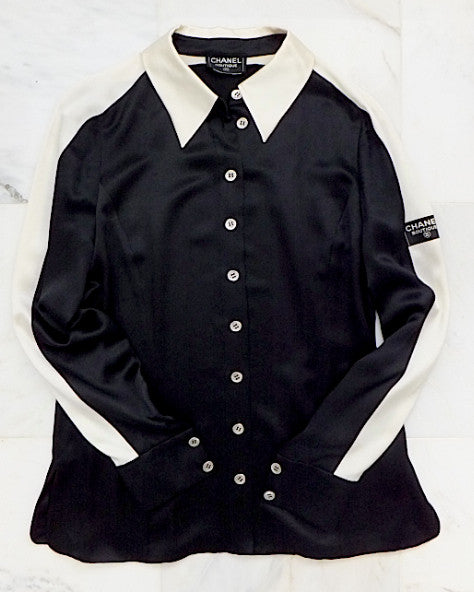 Chanel black silk sale blouse large