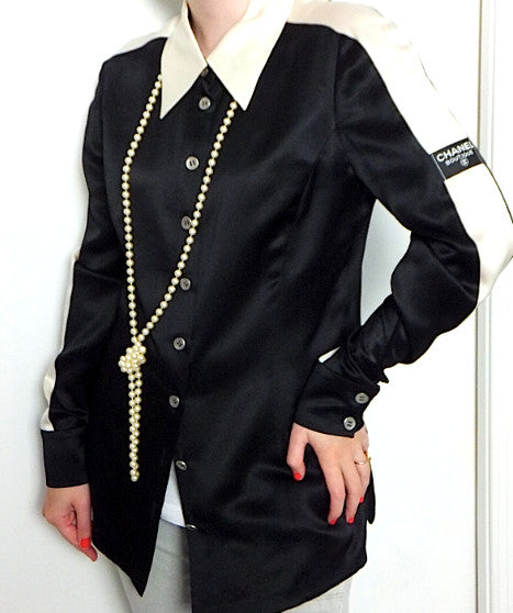 Authentic Chanel Black White Silk Blouse - Main Image