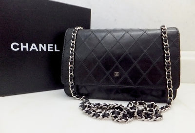 Authentic Chanel Blk Quilted Wallet On Chain (WOC) Handbag
