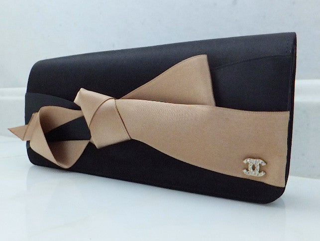 Authentic Chanel Satin Tan & Black Bow Clutch