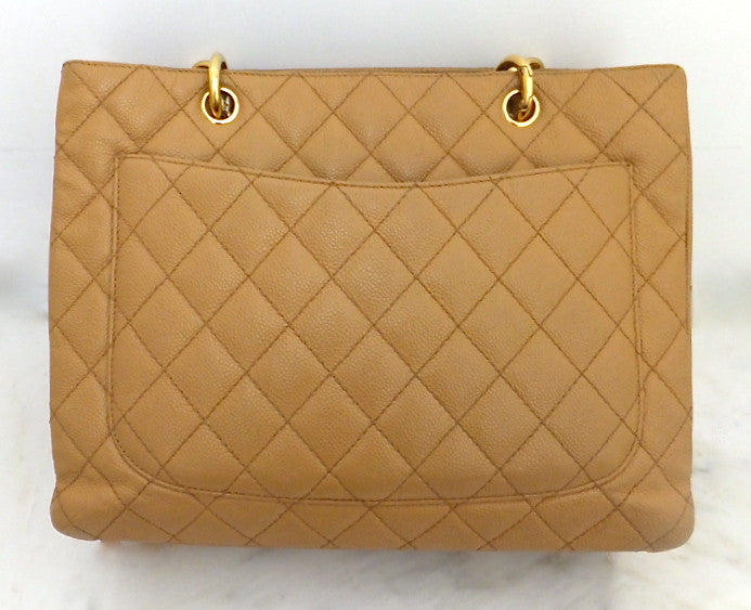 CHANEL beige quilted Caviar leather GRAND SHOPPING TOTE GST Bag