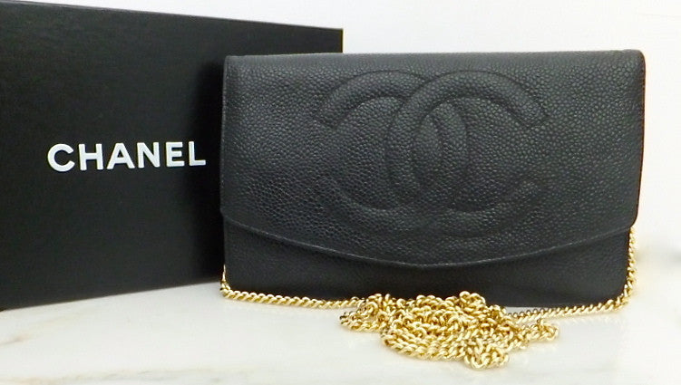 Authentic Chanel Black Caviar Wallet On Chain (WOC) Handbag