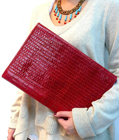Authentic Fendi XL JUMBO Red Woven Leather Handbag