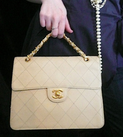 Authentic Chanel Vintage Beige Quilted Caviar 2.55 Flapover