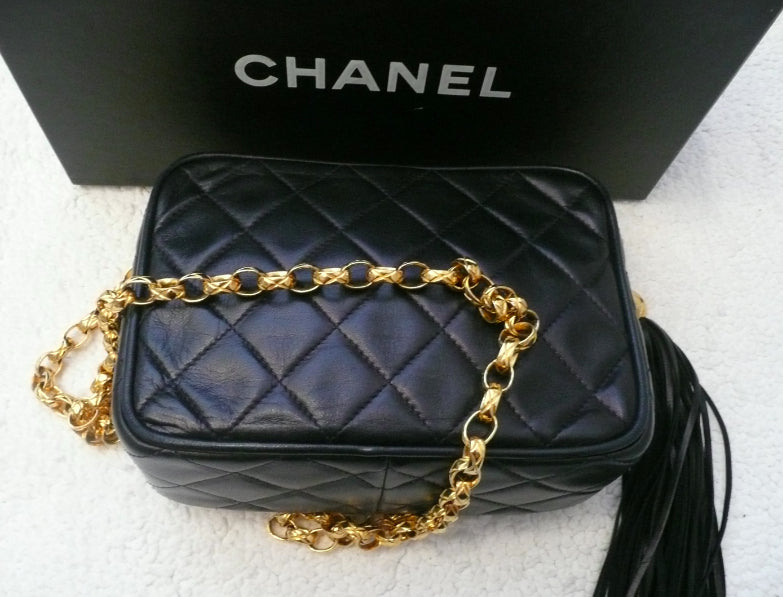 Authentic Chanel French Navy Quilted Camera Style Handbag