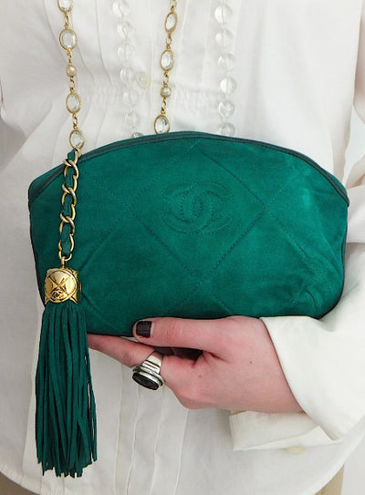 Authentic Chanel Vintage Green Suede Quilted Pochette