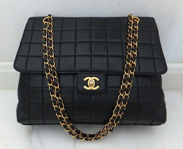 Authentic Chanel Black Chocolate Bar Quilted Lambskin Jumbo