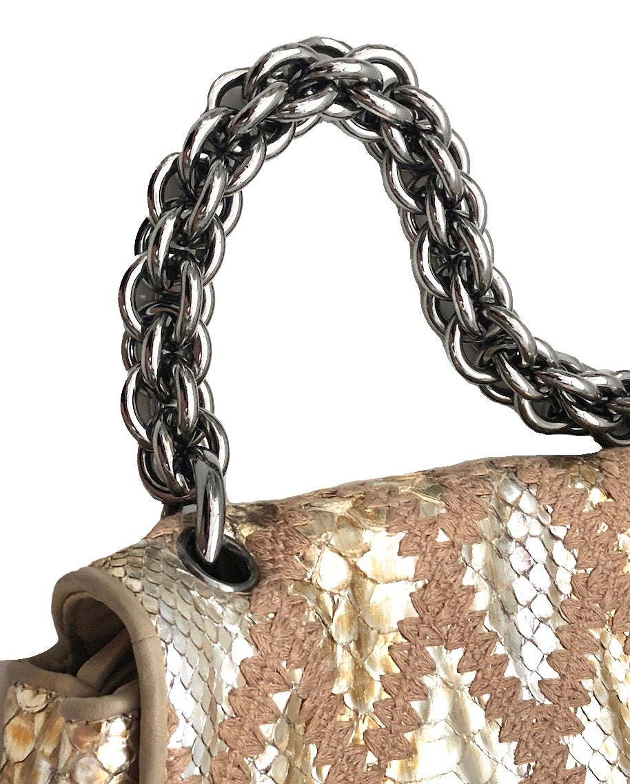 Chanel Gold Metallic Python & Crochet Rare Jumbo Flap