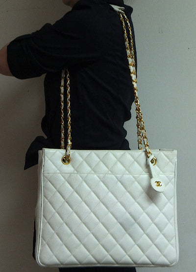 Authentic Chanel Vintage Large Quilted White Caviar Classic Tote